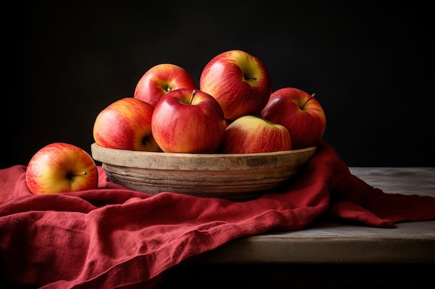 Fresh red and green apples on a wooden table