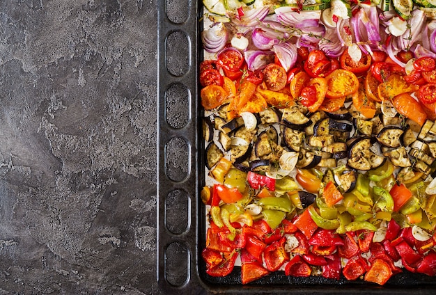 Roasted vegetables on a baking sheet