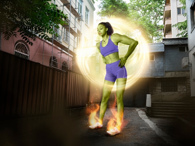 Person smiling while doing a high-knee jog at home