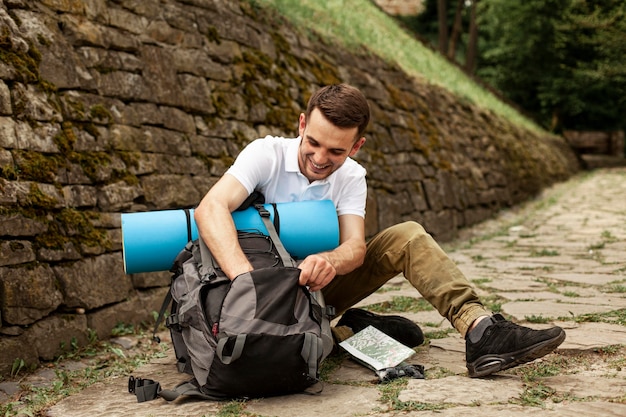 Compact hiking gear packed in a small backpack