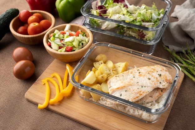 Healthy meal prep with fresh vegetables and herbs