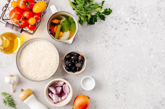 Fresh vegetables, grains, and proteins laid out for meal prep