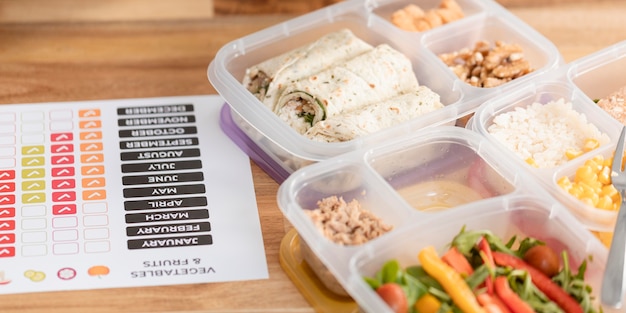 Organized fridge with labeled meal prep containers