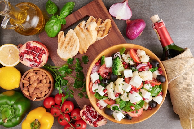 Colorful Mediterranean diet food spread