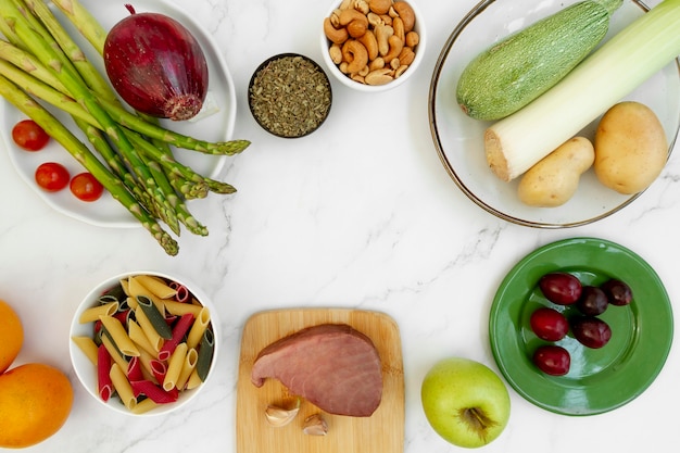 Assortment of PCOS-supportive foods like chia seeds, berries, nuts, and leafy greens
