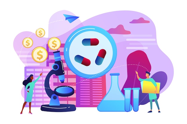 Illustration of a balance scale with medicine and dollar signs