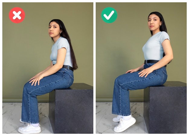 Side-by-side posture comparison: slouched vs. aligned