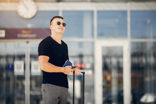 Traveler doing light exercise in an airport lounge